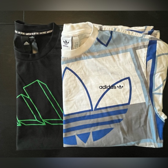 Adidas 2 Youth T-Shirts White with Blue/Grey and Black with Bright Green Symbol - Picture 2 of 13